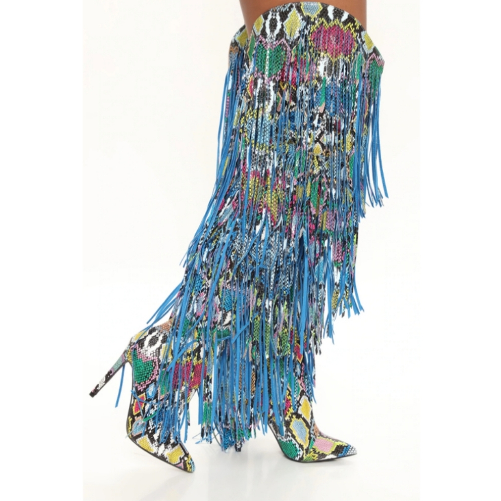 Multicolor Fringe Snakeprint Boots